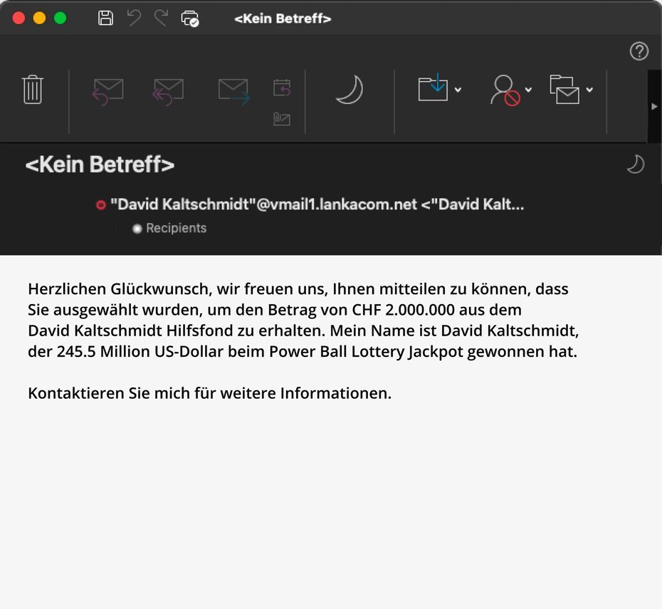 Beispiel einer Benachrichtigung per E-Mail, die frei erfundene Versprechungen wie Gewinne oder Erbschaften beinhaltet in Deutsch